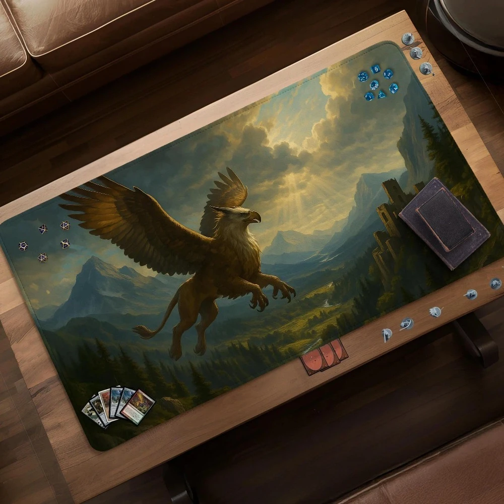 Griffin playmat, fantasy mountain valley, medieval play mat, epic mythic guardian griffyn, extended desk mat TCG tabletop gaming