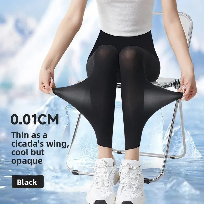 Women Sexy Transparent Stockings Summer Thin Ice Silk Ankle-length Pantyhose Sunscreen Cool Feeling High Waist Slim Yoga Tights