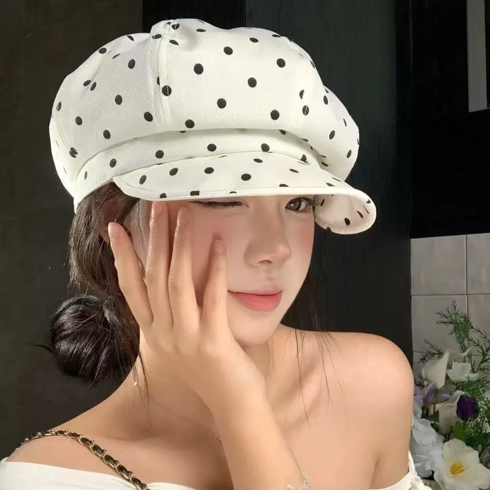 New White Polka Dot Beret Large Version Flipped Brim Octagonal Painter Hats Vintage Style Adjustable Baseball Hat Women