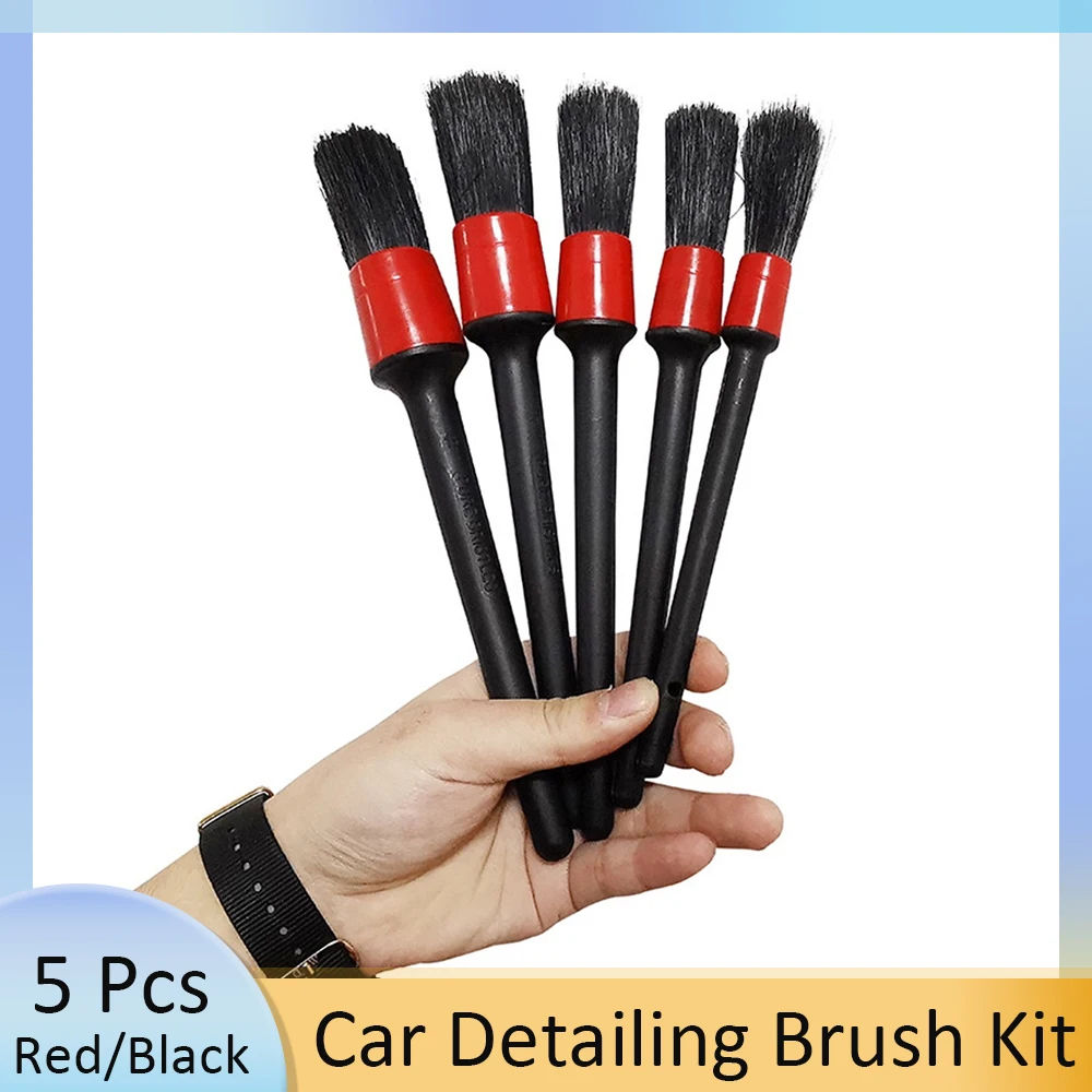

5PCS Car Cleaning Brush Set Red&Black Soft Bristle Detail Brushes Universal Car Seat Gap Slit Brush Auto Interior Exterior Dust