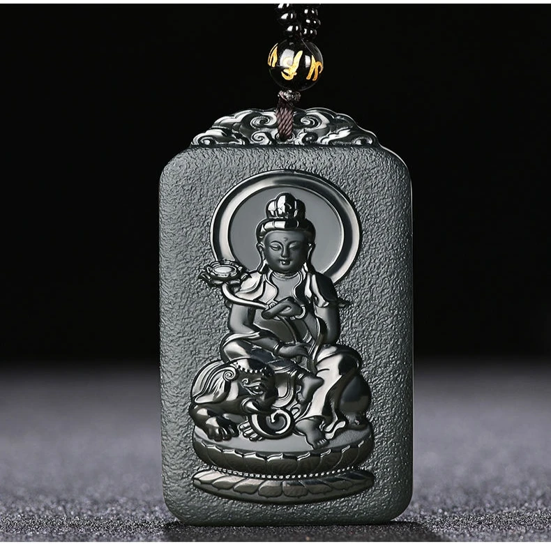 Natural Hetian Cyan Jade Buddha  Zodiac Snake Patron Saint Black Green Pendant Necklace Exquisite Jewelry Men Women with Chain