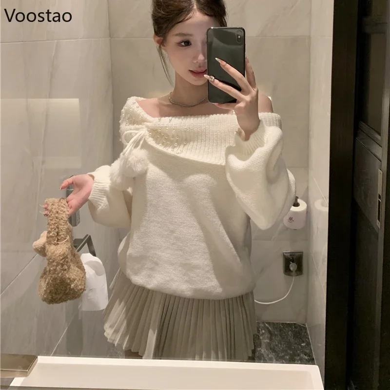 Autumn Winter Harajuku Knitted Sweaters Off Shoulder Long Sleeves Pearls Plush Ball Sexy Pullovers Female Fashion Knitwear Tops