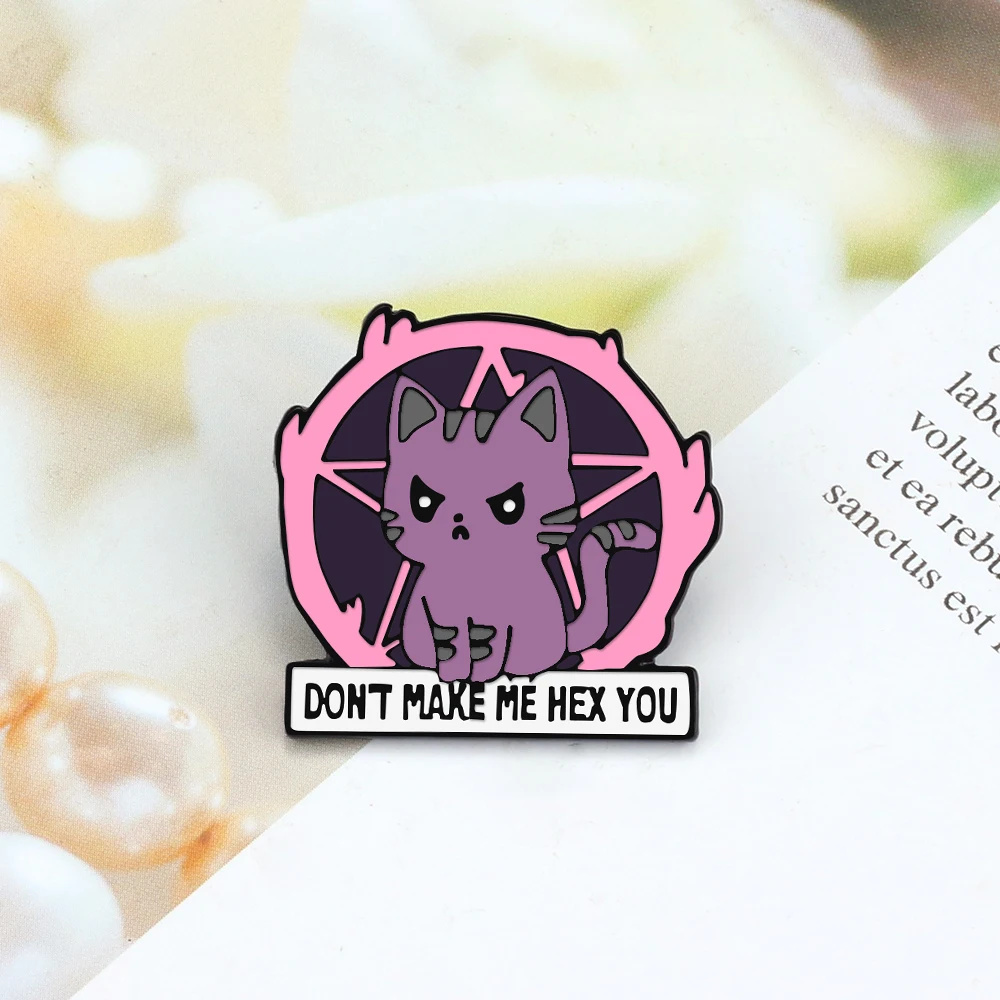 Dark Witch Cat Magic Card Anime Brooches 'Don't make me hex you' Irritable Kitties Enamel Pin Denim Lapel Badges Cartoon Jewelry