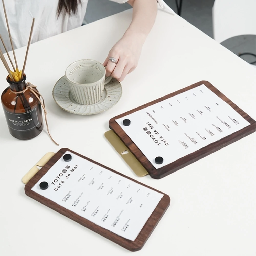 Original Design Brass Coffee Shop Magnetic Suction Menu Clip Store Solid Wood Table Label Holder Bill Writing Folder Board