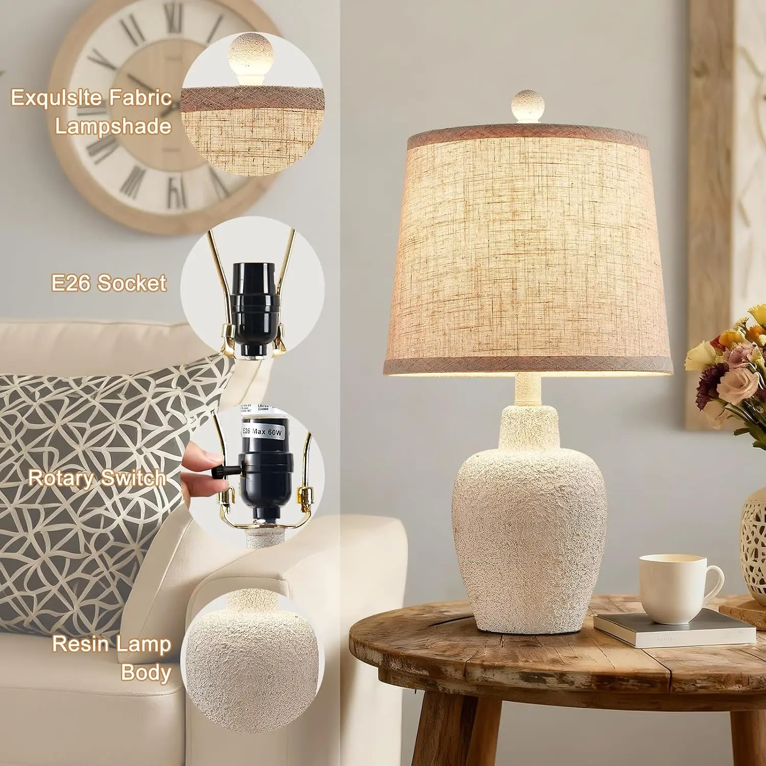 Set of 2 Farmhouse Table Lamps, 21" Rustic Jar-Shaped Bedside Lamps with Beige Linen Shade for Living Room, Bedroom, Nightstand view 4