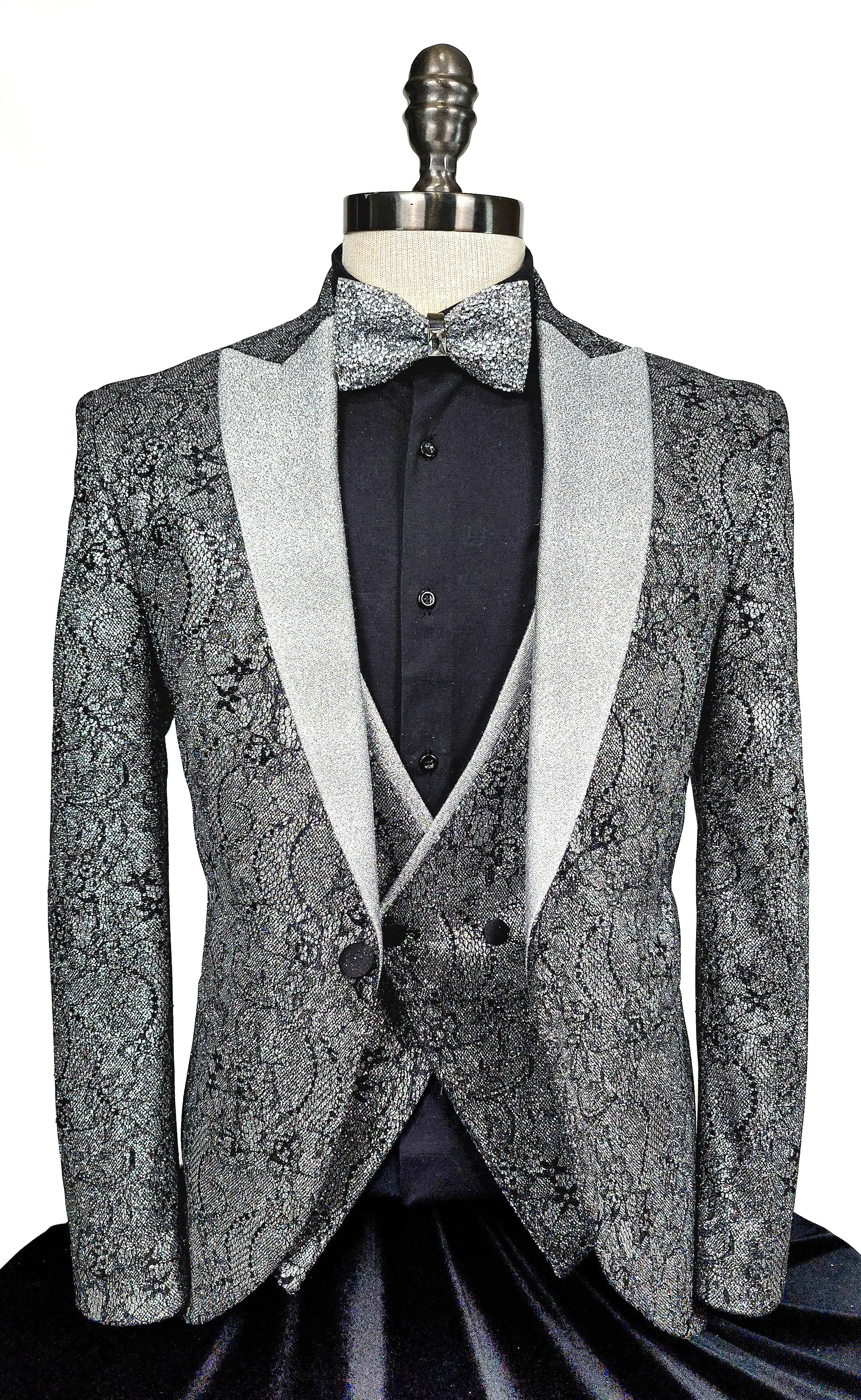 Luxury Silver Shawl Lapel Men's 3 Piece Tuxedo with Metallic Abstract Print Matching Bow Tie Stage Prom Party Custom MadeM264467