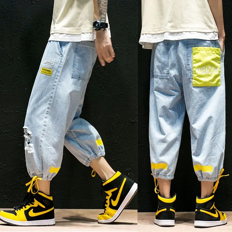 Hip Hop Ripped Denim Cropped Pants Streetwear Men Vintage Destroyed Hole Baggy Jeans Pants Summer Drawstring Loose Shorts