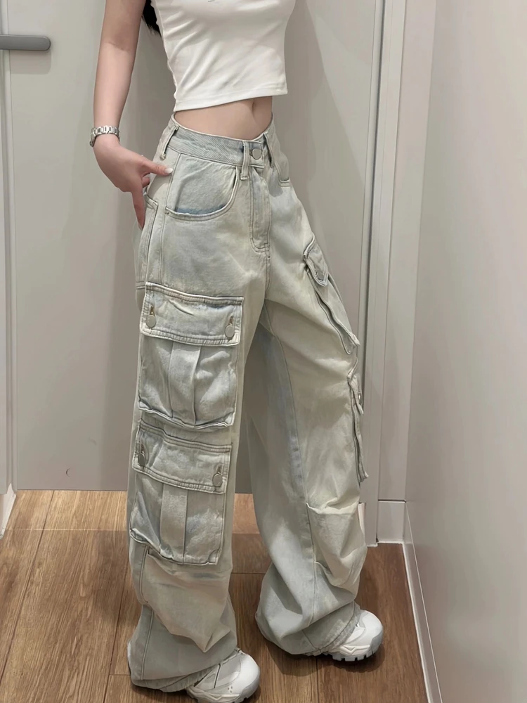 Retro Cargo Jeans Frauen gewaschen Taschen weites Bein Jeans hose Frühling Herbst heiße Mädchen gerade Hosen Straße tragen weiblich