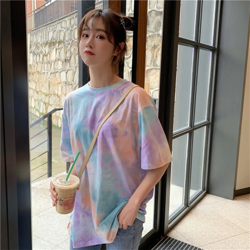 Tie Dye Summer T-Shirt Cotton Colorful INS Fashion Short Sleeve Tshirt For Women High Streetwear Y2K Crop Tops Casual Loose Tees