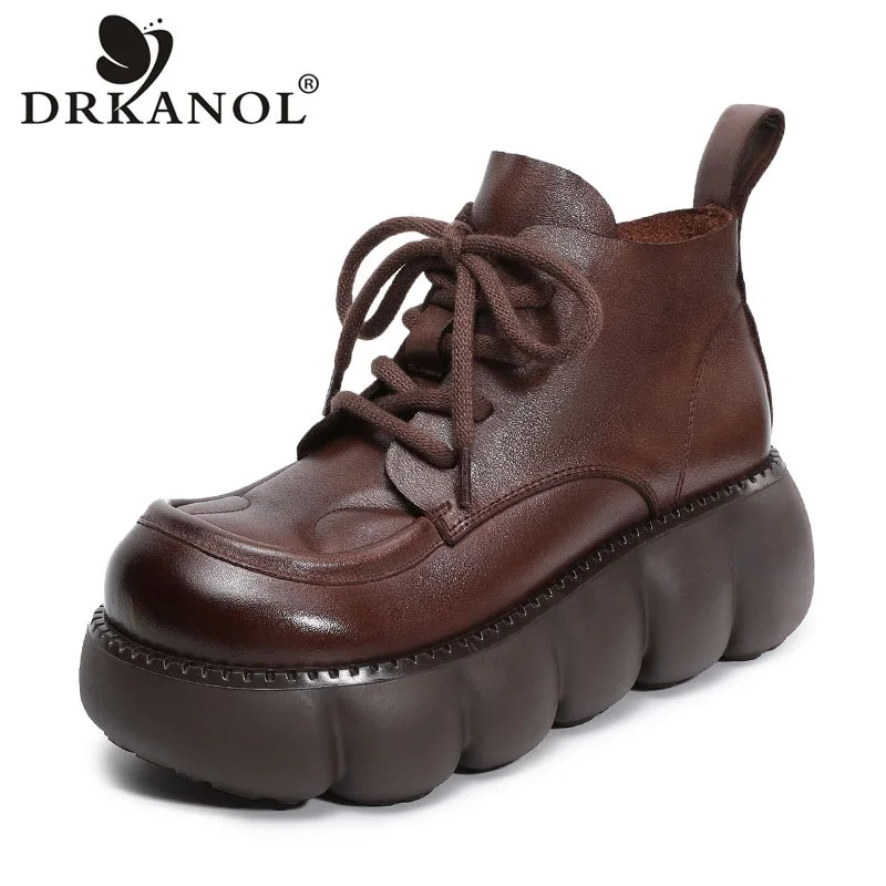 

DRKANOL Luxury Design Genuine Leather Ankle Boots For Women Winter Platform Wedges Height Increasing Retro Lace-Up Short Boots
