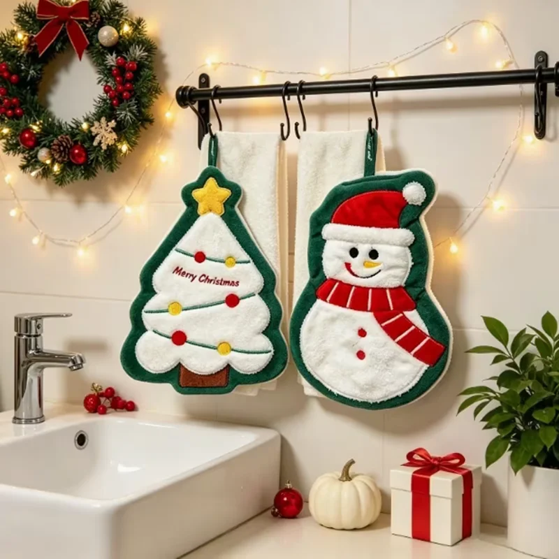 2pcs Christmas hanging towel set cute plush Christmas tree and snowman-shaped absorbent towels, a Christmas home decoration gift