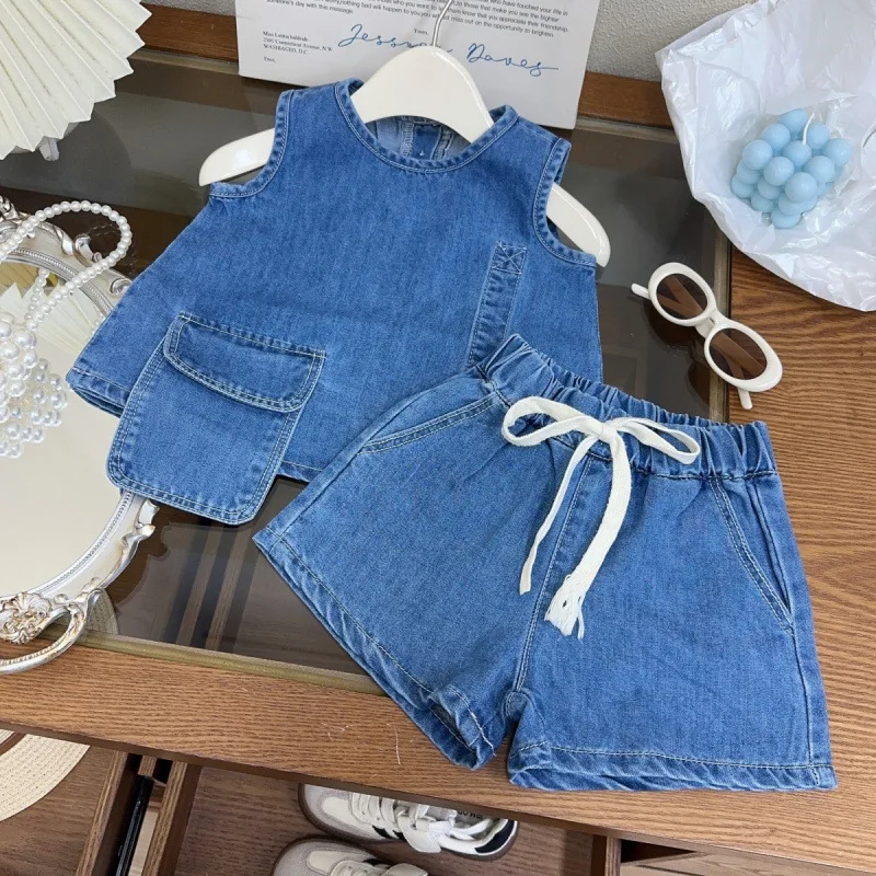 

Children's Denim Set New Summer Girls Fashionable Stylish Denim Vest+Refreshing Two-Piece Shorts Set