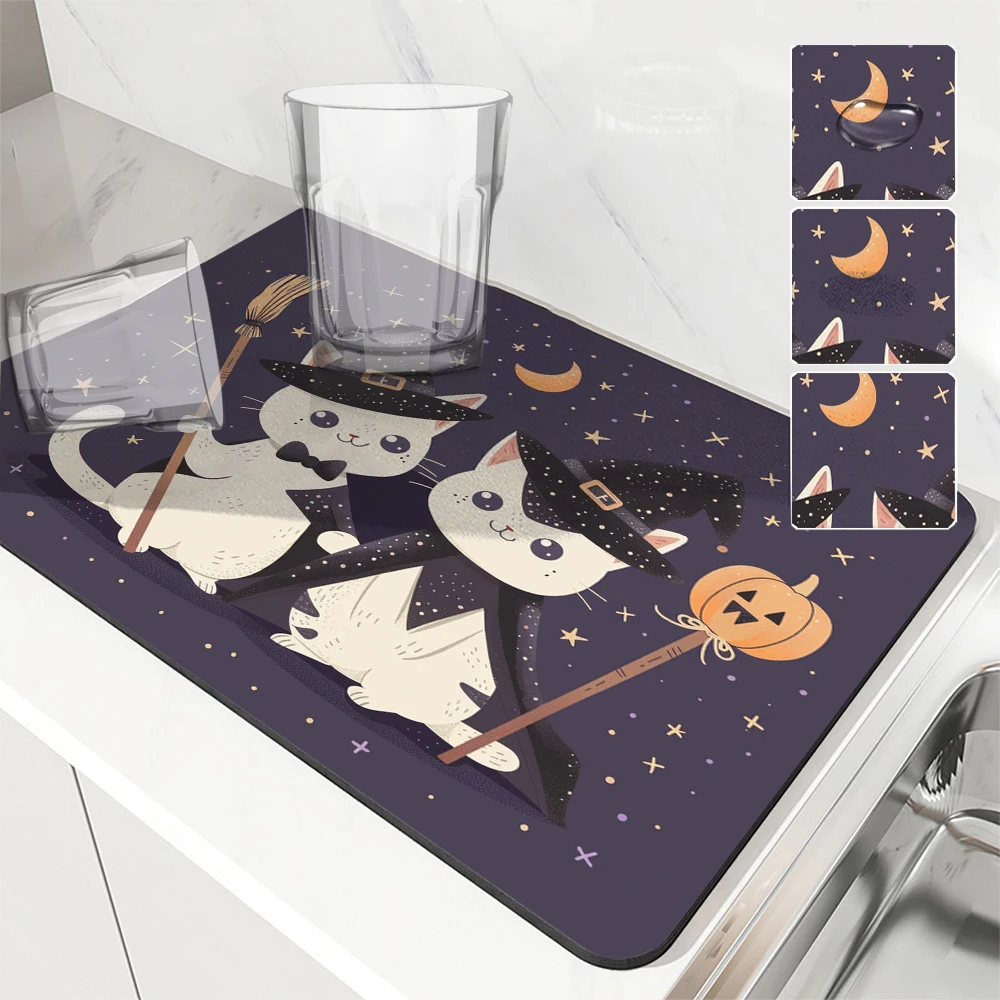 

1pc Drying Mat Halloween Cat Pumpkin Head Hat Non-Slip Absorbent Mat Tableware Kitchen Counter Drain Mats Placemats for Table