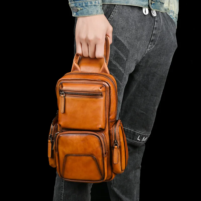 Hand-Painted Natural Leather Shoulder Bags Retro FIrst Layer Cowhide Leather Single Messenger Bag Men Chest Bags Crossbody Bag