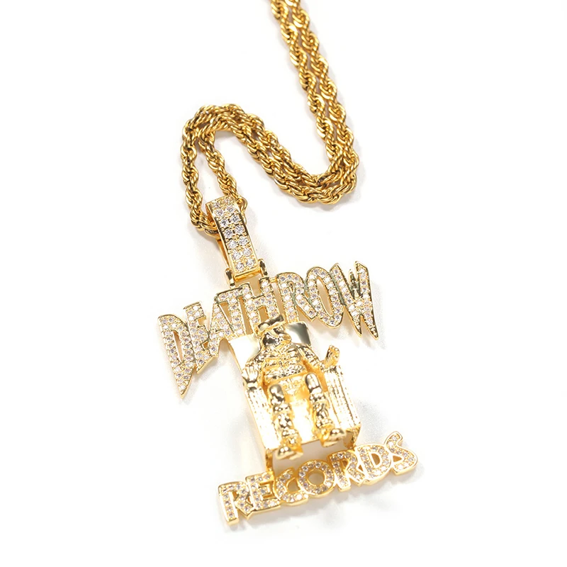 Hip Hop 3A+ CZ Stone Paved Bling Iced Out DEATHROW Label Pendants Letters Necklace for Men Rapper Jewelry Gold Silver Color