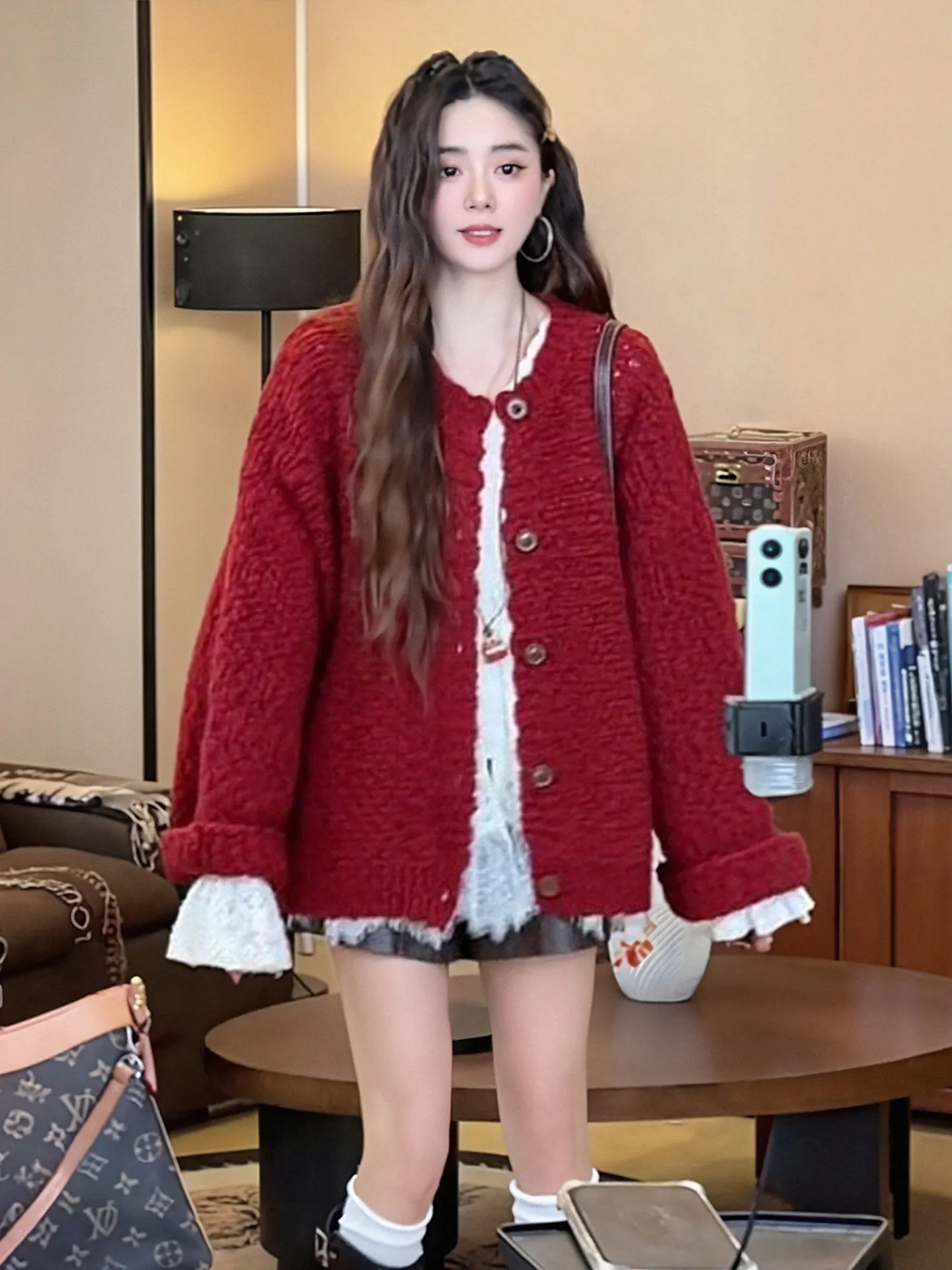 

Winter Faion plus Size Women's Knitted Cardigan Top ort Pants Tee-Piece Set New Year Red Casual Sle High Waist orts