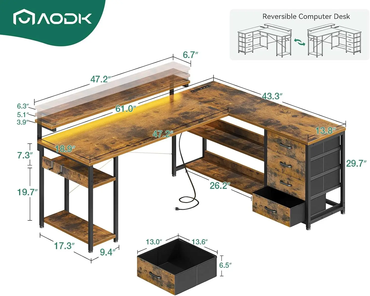 AODK 61" L Shaped Desk with Drawer, Computer Desk with Power Outlets & LED Lights, Reversible Corner Gaming Desk for Home Office