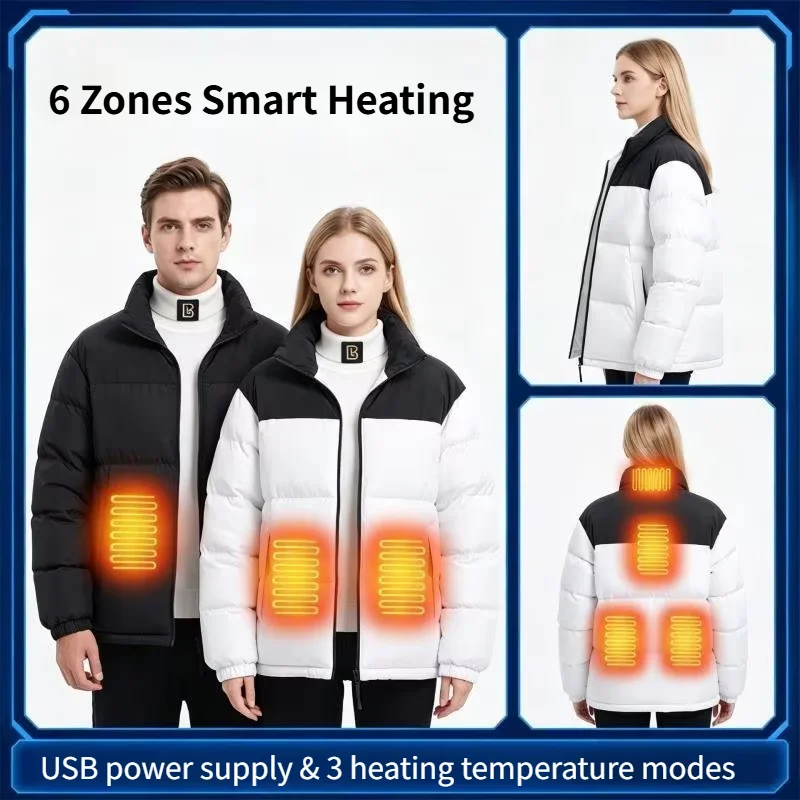 Men Women Color Block Heated Padded Jacket 6 Heating Zones Winter Warm Coat 3 Level Temp Control for Outdoor Camping Fishing