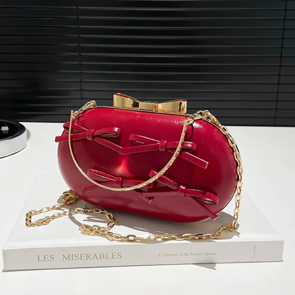 

Luxury Bow Red Clip Handbags for Women Party Dinner Chains Crossbody Bag Designer Lady Metal Hand-held Single Shoulder Bags