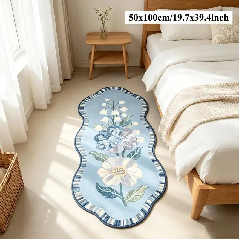 VIKAMA White Floral Blooms Flannel Bedside Mat for Bed Side Floor Carpet Plush Warm Snug Aesthetic Machine Washable Home Decor
