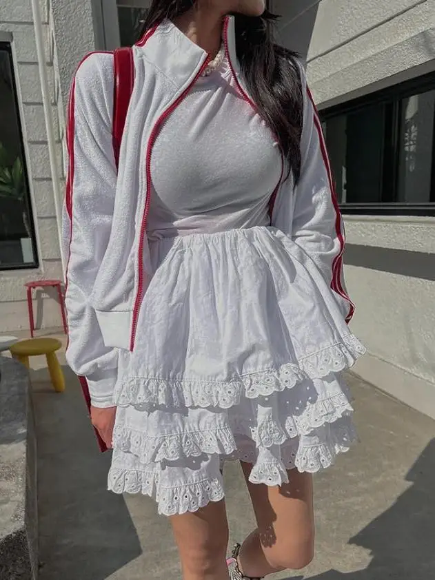 

Ретро-юбка с кружевной отделкой и вставками, женская, с вышивкой крючком, ажурная, утягивающая, универсальная, плиссированная, А-силуэт, короткая, в корейском стиле