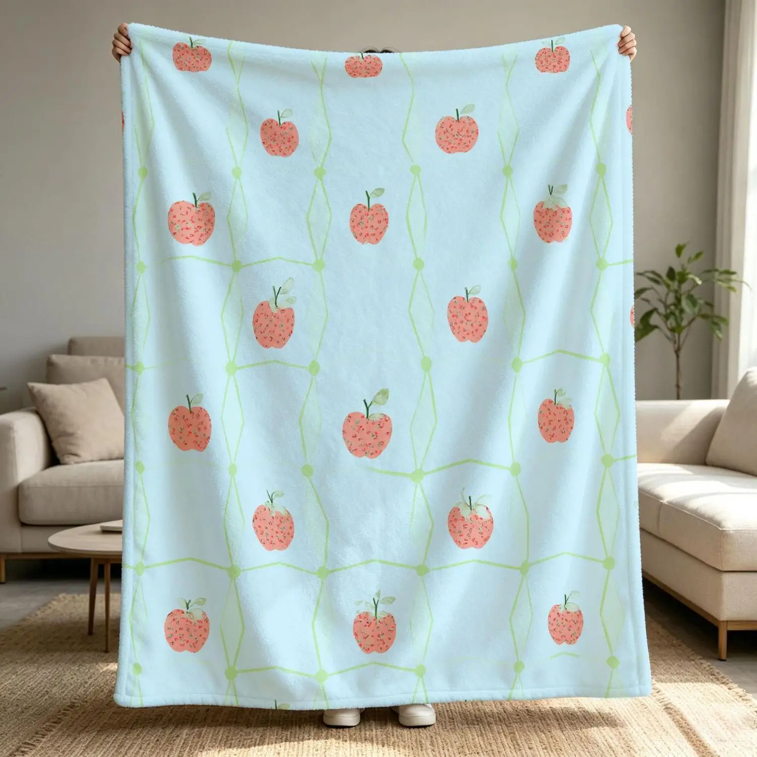 [Flannel Blanket] Apple-Patterned Blanket, Spring Pastel Fruit Print Plaid Pattern, Soft and Comfortable, Suitable for Sofa or Bedding.