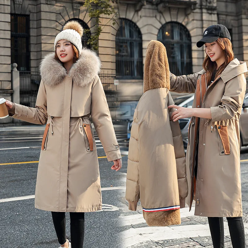 Parkas Coats Women Mid Length Jackets Detachable Big Fur Collar Hooded Drawstring Pocket Zipper Waist Cinched Casual 2025 Winter