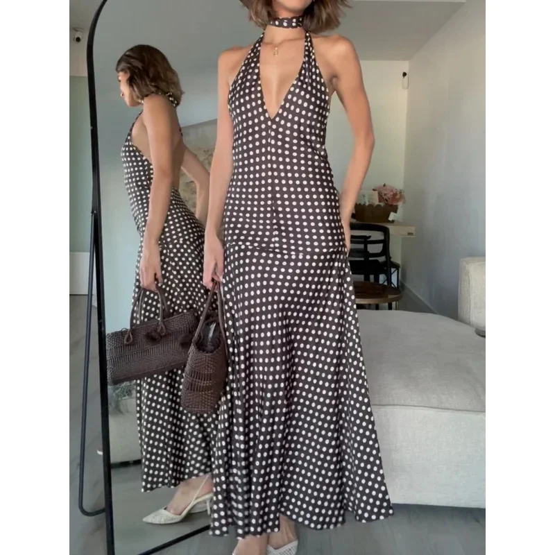 

Women's Vintage Asymmetric Polka Dot Dress Sleeveless Halter Neck Backless Sexy Party Holiday Dress