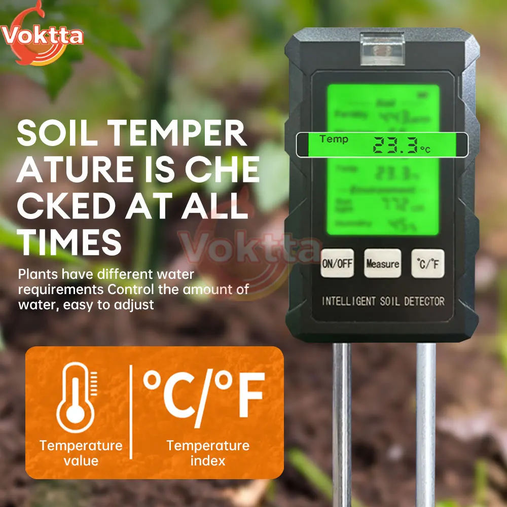 Soil PH Tester 6-in-1 PH Moisture Temp Test LCD Screen Humidity Meter Nutrient Water Tester Garden Flower Planting Soil Tester