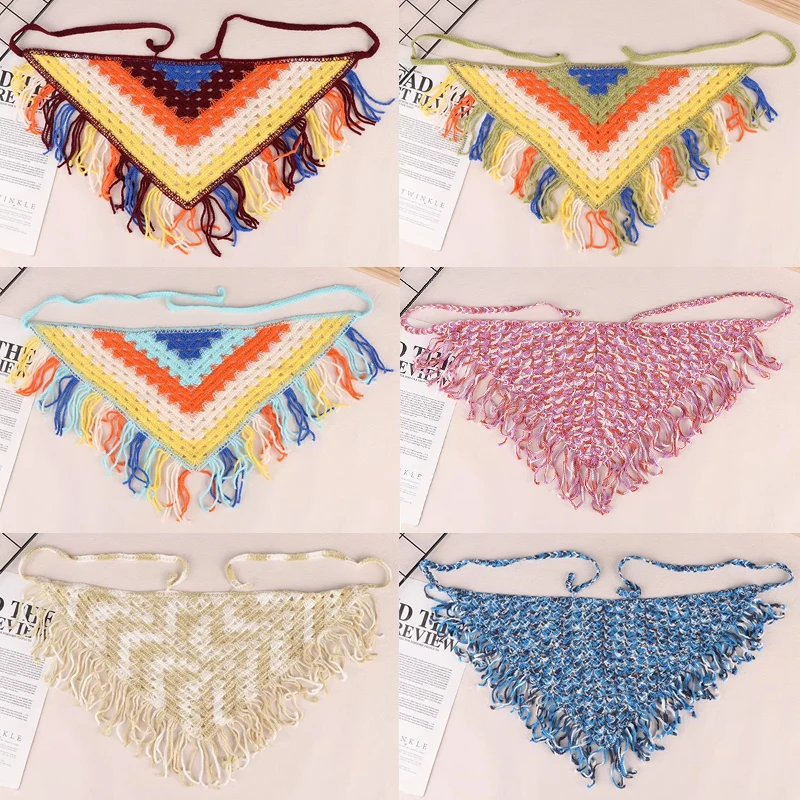 

Вязаный вручную богемный ажурный треугольный платок, многофункциональный тюрбан в этническом стиле, шарф для волос, декор на пояс