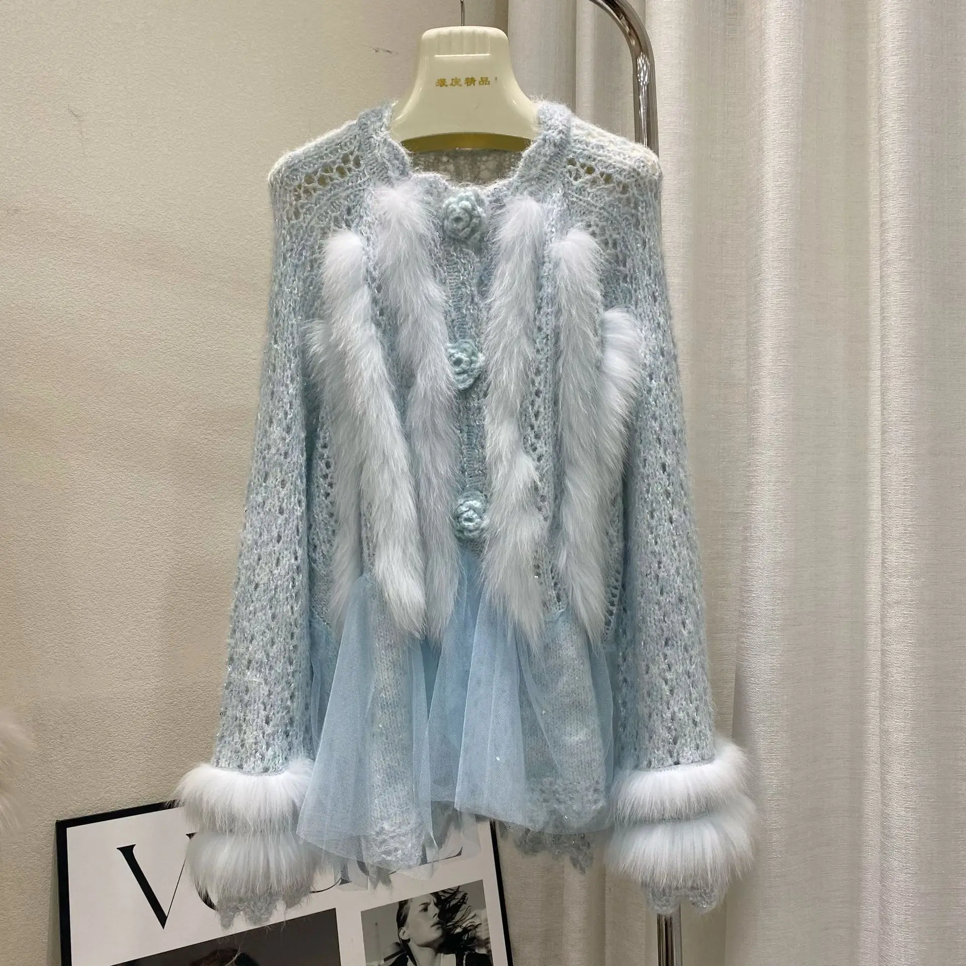 Women 2025 Autumn Winter New Princess Style Faux Fur Splicing Sweater Fur Coats Female Hollow Out Mesh Gauze Knitted Cardigan