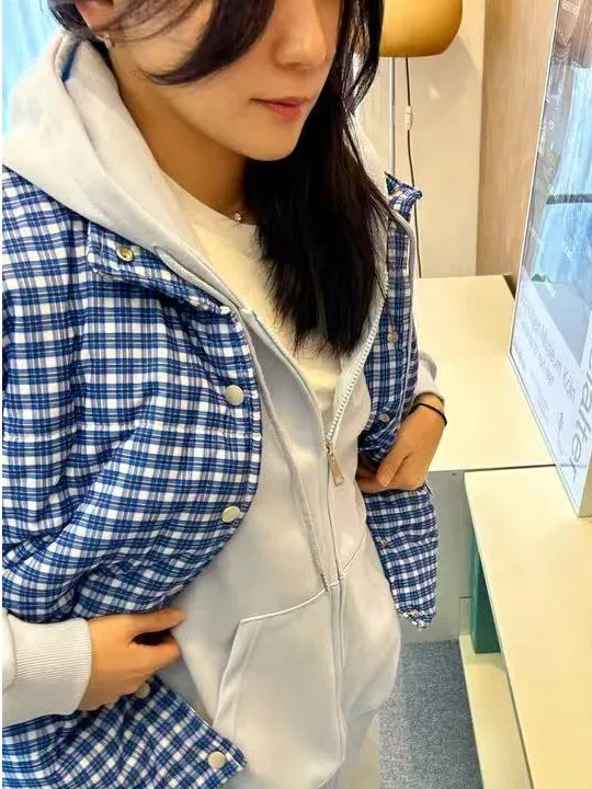Blue Plaid Svel Cotton Vest Women's Autumn Winter Warm Stand Collar Single Button Jaet Anti-Aging Outerwear
