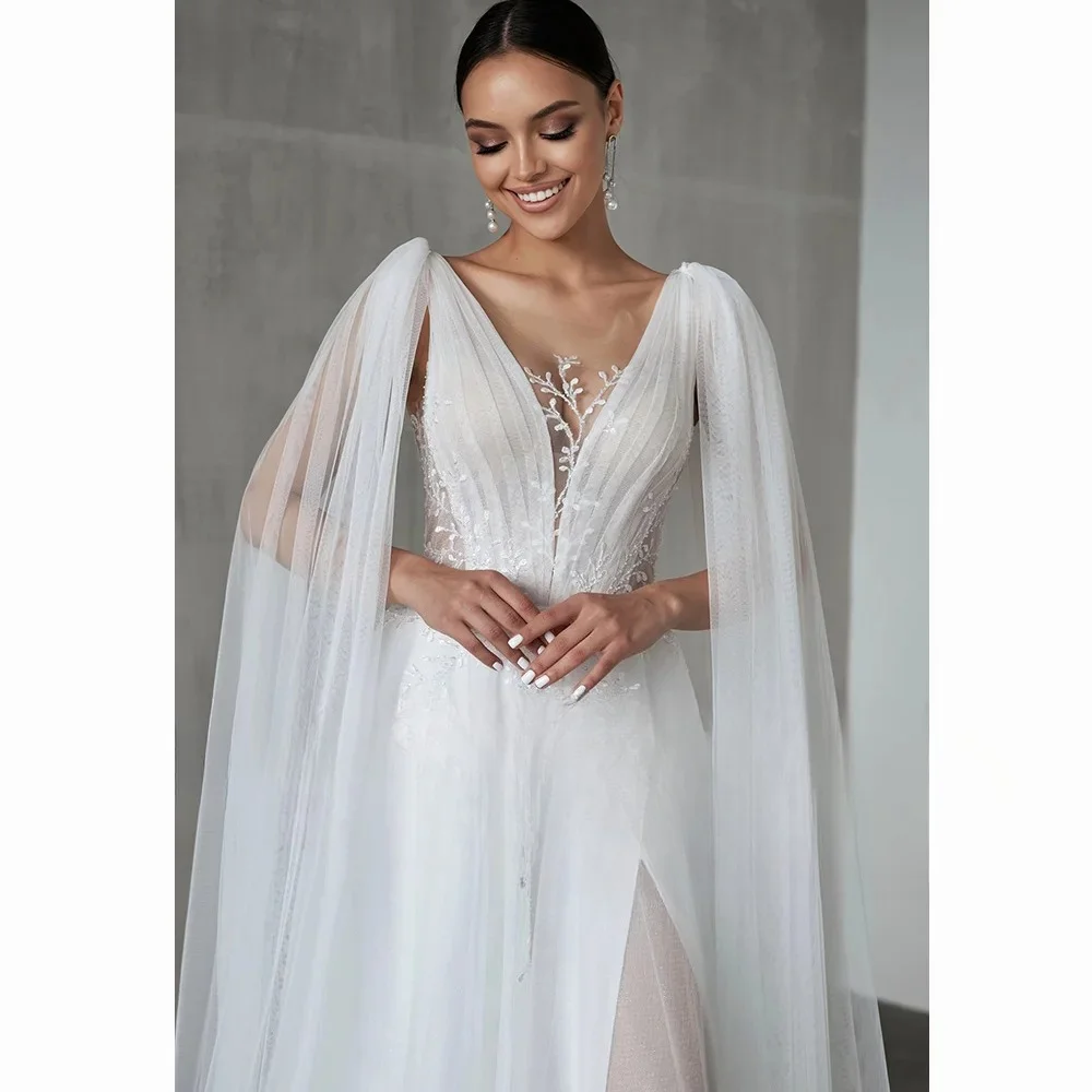 Boho Tulle  A-line Wedding Dresses Deep V-Neck Long Cape Sleeves Floor Length Bridal Gown Lace Applique Pleat vestidos de novia