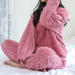 Warm Women 2 Piece Set Pajamas Embroidered Fall Velvet Fleece Thickened Tops+Loose Pants Casual Print Home Winter Clothing Suit