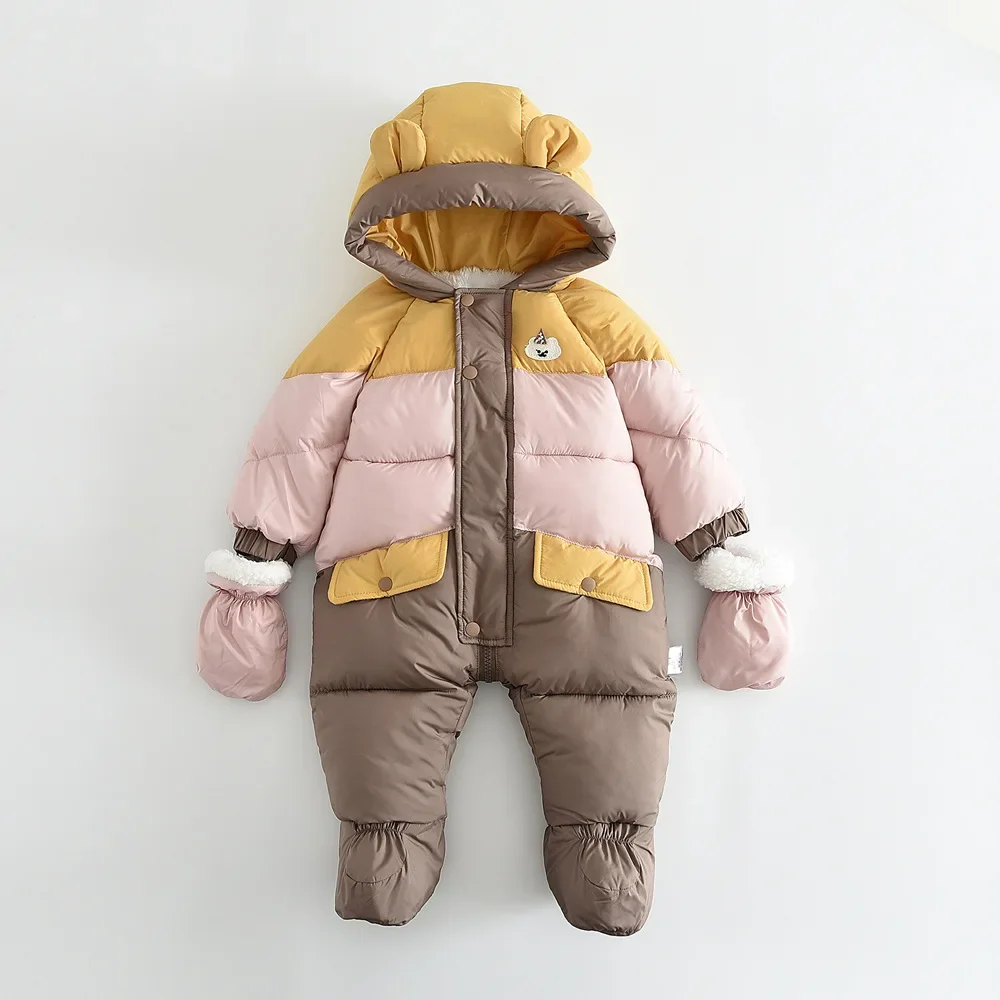 0-2 Y Winter Baby Clothes Bear Hoodie Toddler Girls Rompers Thicken Fur Lining Boys Jumpsuits Toddler Warm One Piece