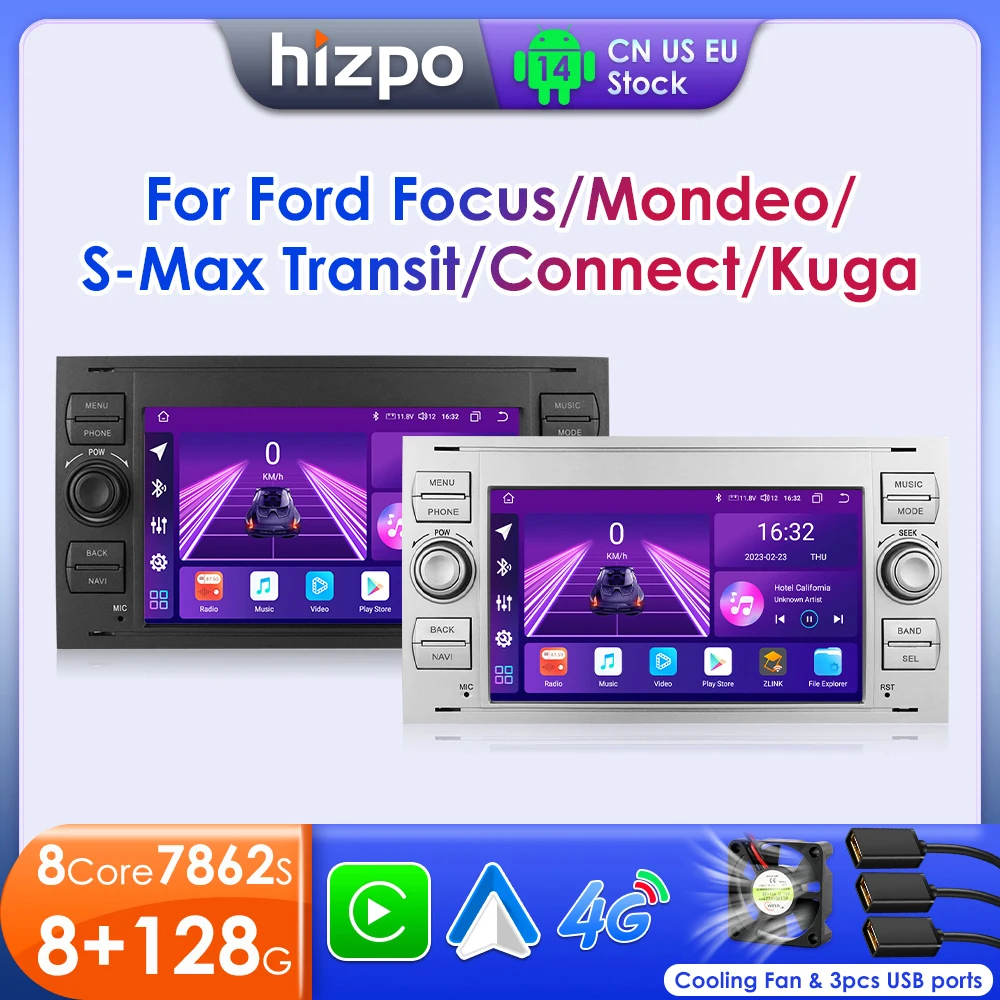 Hizpo Android Auto Radio Per Ford Focus Mondeo Fiesta Transit Kuga C-Max S-Max Galaxy GPS Auto Lettore Multimediale 2din CarPlay
