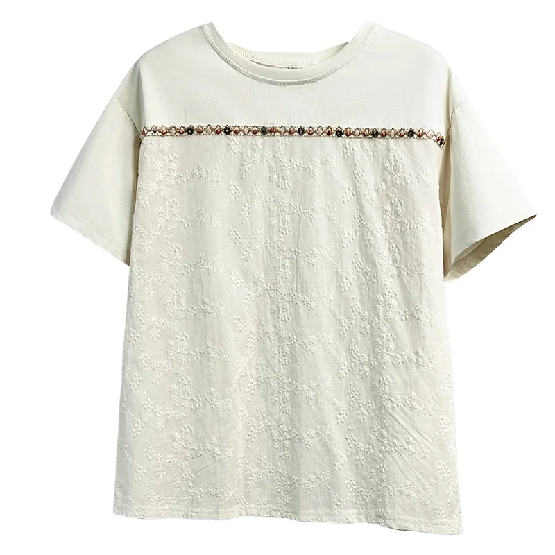 

2026 Summer Plus Size Embroidered Cotton T-Shirt Women O-Neck Spliced Short Sleeve Fashion Casual Tops For Curvy Ladies 8338