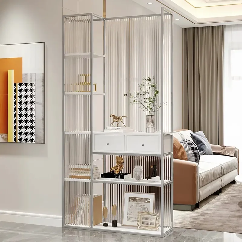 Wrought Iron Display Rack Glass Screen Door Partition for Living Room Office Area Decorative Baffle Shelf Home Decoration
