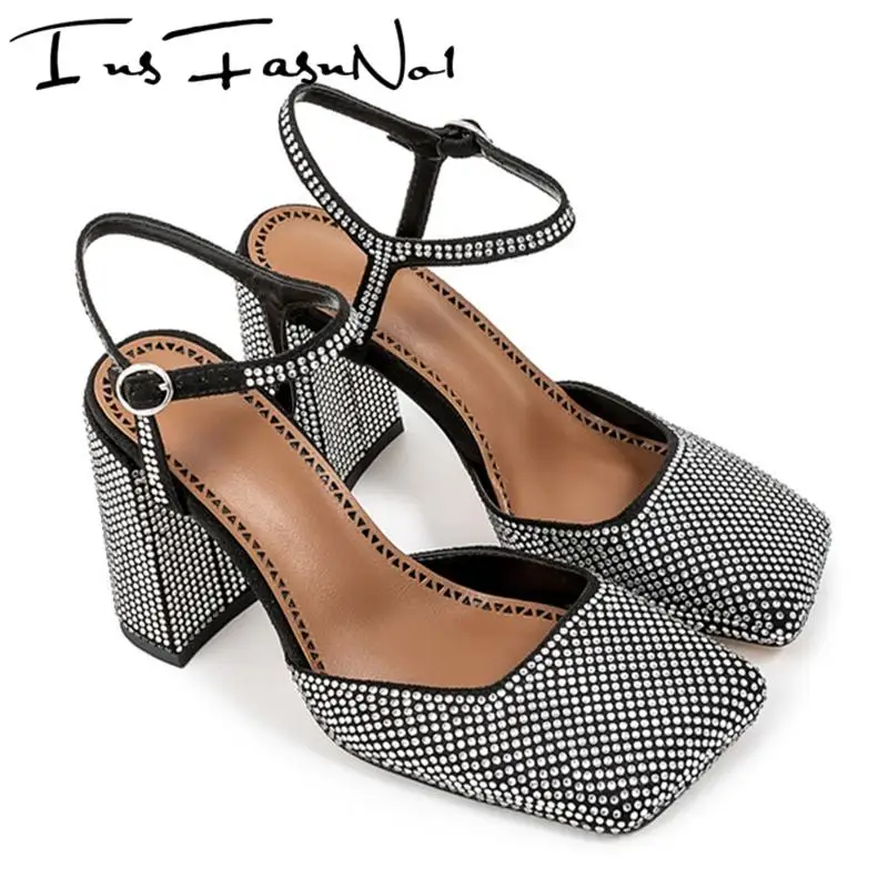 Fashion Rhinestones High Heel Modern Sandals Large Size Square Toe Buckle Strap Single Shoes Female All Match Increasing Shoes