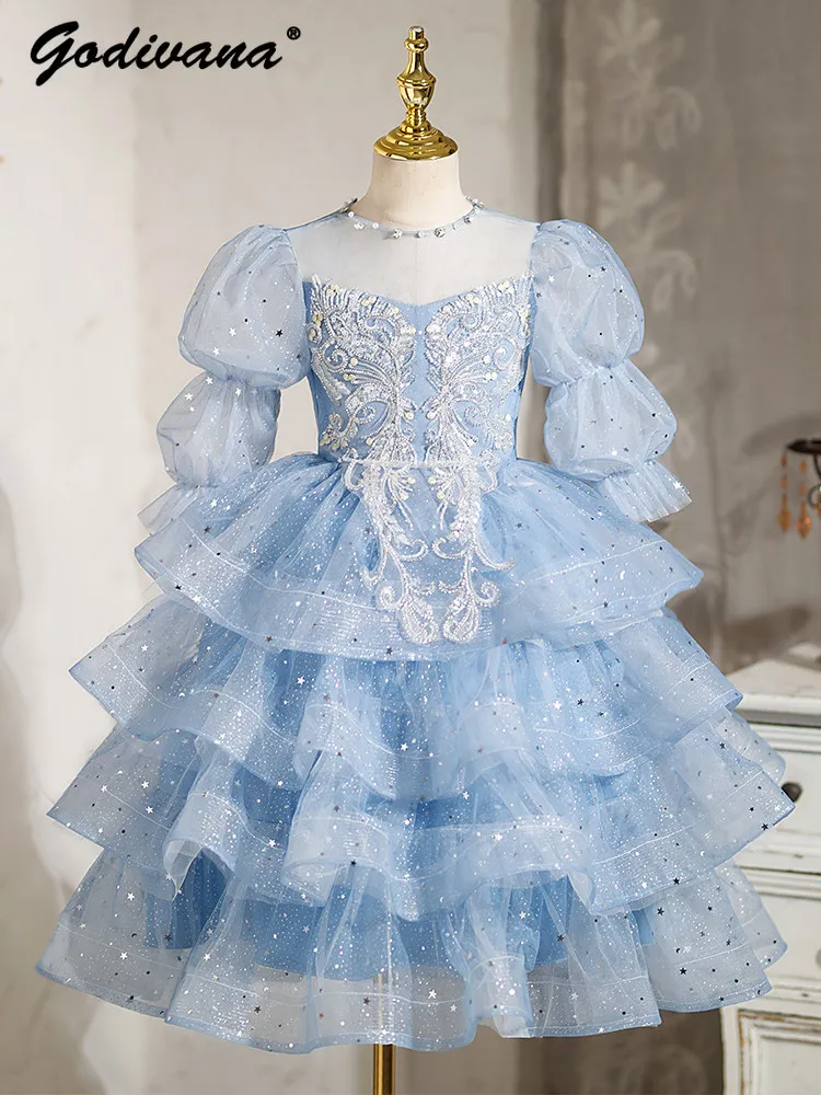 

Little Girls Heavy Luxury Sequined Blue Princess Gown Girls High End Puff Sleeve Birthday Party Performance Mesh Cake Dresses