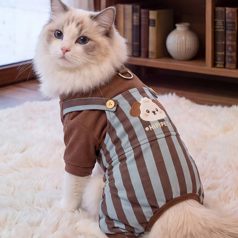 Pet Overalls Corduroy Fake Two-Layer Four-Legged Clothes Autumn Winter Warm Small Medium Dogs Cute Vertical Striped Jumpsuit