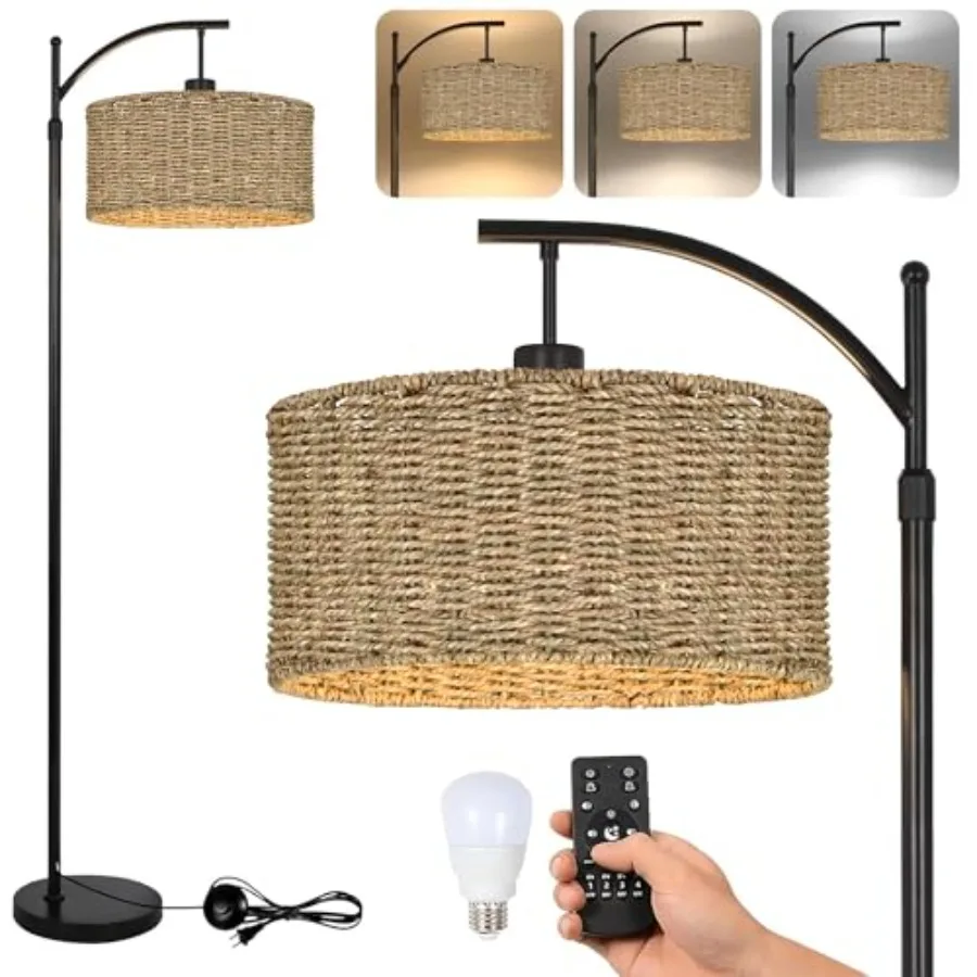 Arc Rattan Floor Lamp for Living Room with Remote, Black Floor Lamps with 3 Color Temperature Dimmable Bulb, Farmhouse Boho Sta