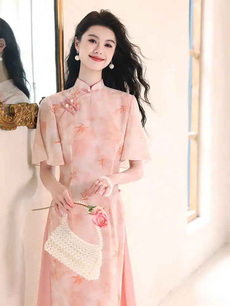 Elegante Vestido Qipao Largo de Shantung Rosa Estilo Juvenil Renovado para Mujer, de Verano, a la Moda, Vintage, con Abertura Alta y Manga Corta