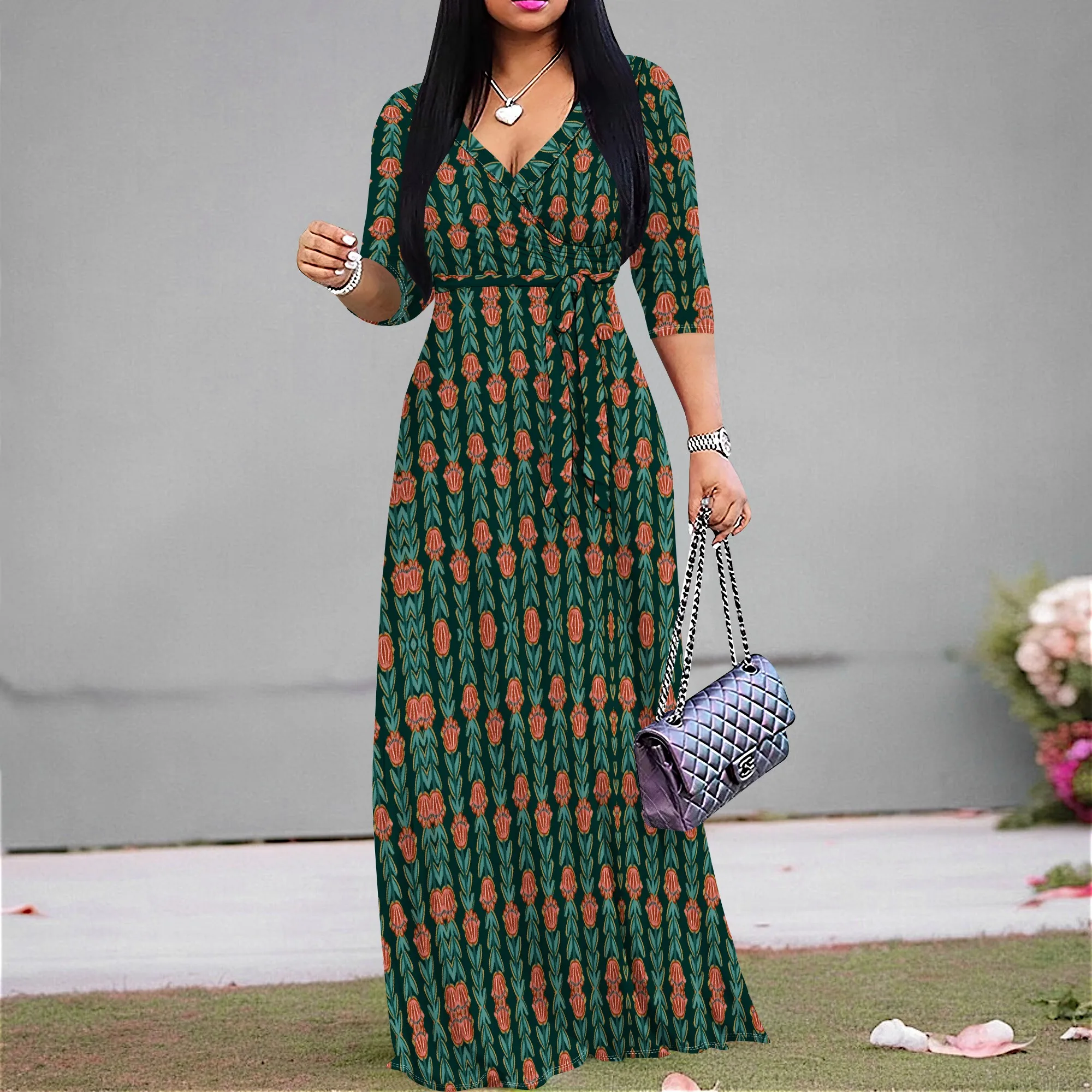 

Afrocentric African Leaf Print Wrap Maxi Dress — Belted 3/4 Sleeve Plus Size S‑3XL Juneteenth & Church Wear