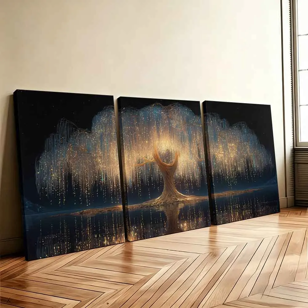 [2D Flat]3pcs 11.81*15.74in/30*40cm（frame）Art Home Decor Painting Glowing Tree of Life on Water Canvas Print