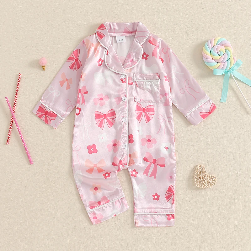 Baby Girls Satin Pajamas Rompers Bowknot Flower Print Long Sleeve Fall Bodysuits Jumpsuits Sleepwear