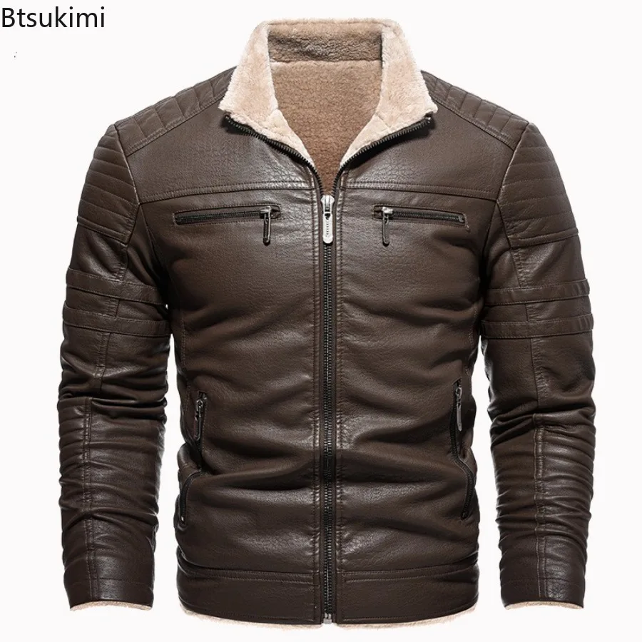 2025 New Men's Faux Leather Jackets Autumn Winter Casual Motorcycle Biker PU Jackets High Quality Men Retro Slim Warm Outerwear