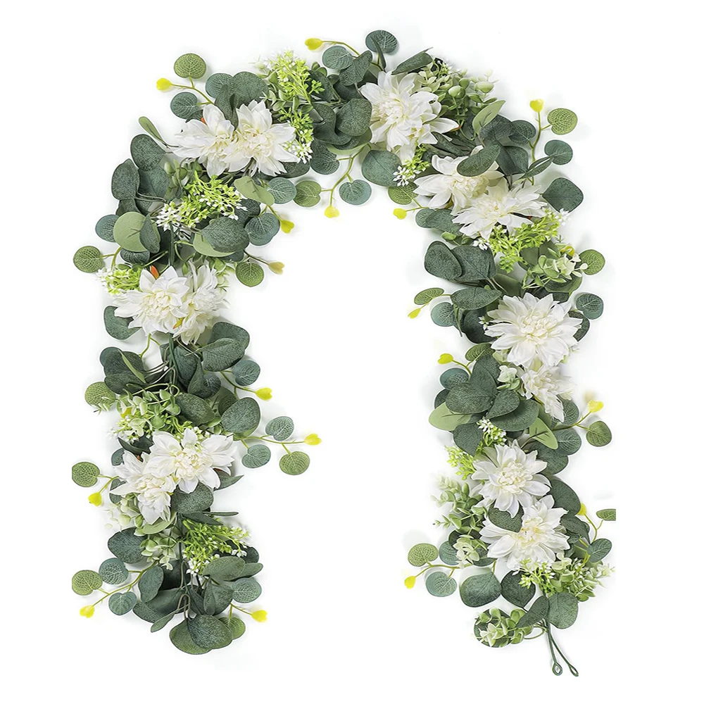 Guirnaldas de eucalipto de flores artificiales de 5,6 pies con enredaderas de flores de Dalia colgantes para arco de boda, telón de fondo de pared para el hogar, decoración de la habitación