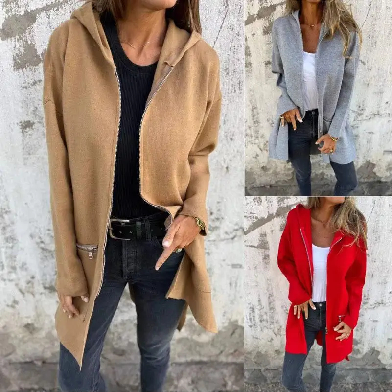 2024 الخريف الشتاء اللون عادية سستة مقنعين Jaet المرأة طويلة Sve طويلة طول بولي معطف معطف جلد تخفيف Sle #1