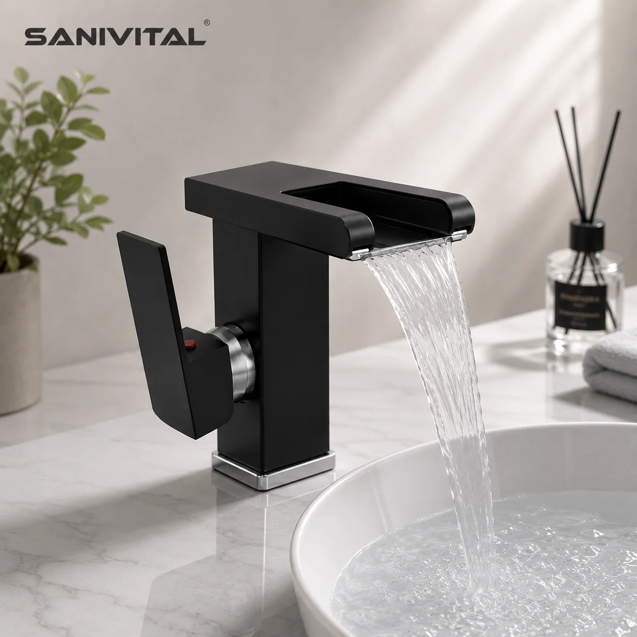 

SANIVITAL Waterfall Bathroom Faucet Matte Black Basin Mixer Tap Hot Cold Single Handle Lavatory Faucet